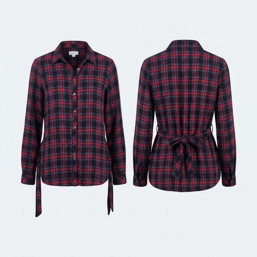 J. Jill Women's Red Plaid Tie-Waist Blouse, Button-Front, Long Sleeve, Size S